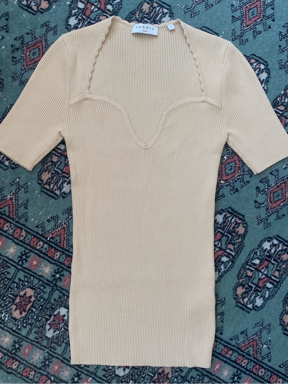 Sandro Beige Rib Knit Sweetheart Top - Picture 8 of 12